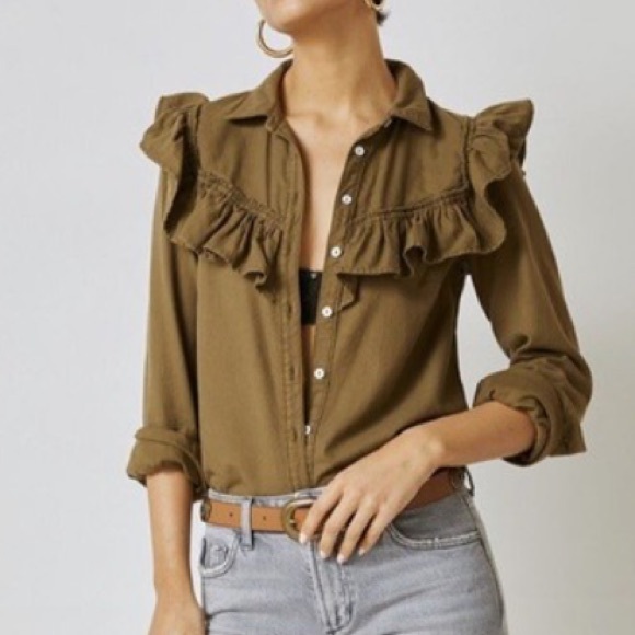 Anthropologie Blouse Womens Medium Pilcro Green Ruffle Button Down Western - Picture 2 of 10